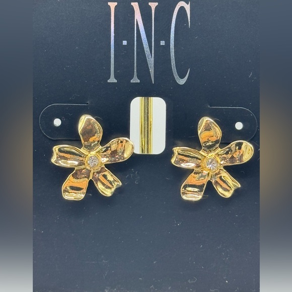 INC Gold Tone Flower with Crystal Post Earrings - Picture 10 of 12